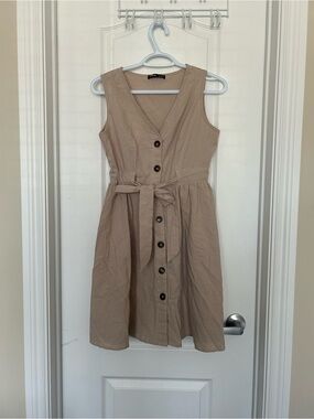 Button-Front Tan Sleeveless Tie-Waist Mini Dress